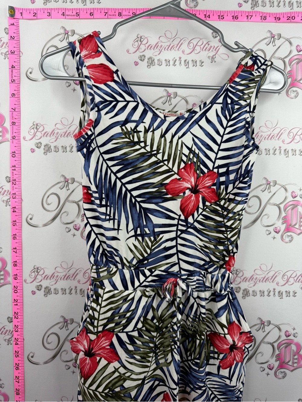 Girls Tropical romper shorts Hibiscus Print Romper - White Blue, Green & Red